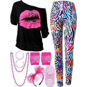 5711 80s Costume Set, T-shirt, Geometric Legging Pants Earring